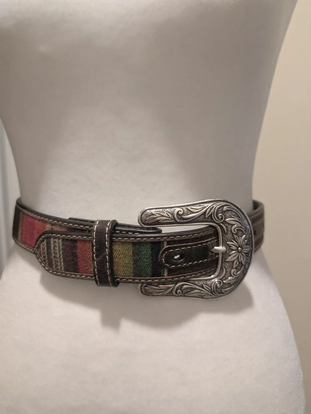 Noona Multicolor Serape Stripe Belt with Silver Floral Engraved Buckle